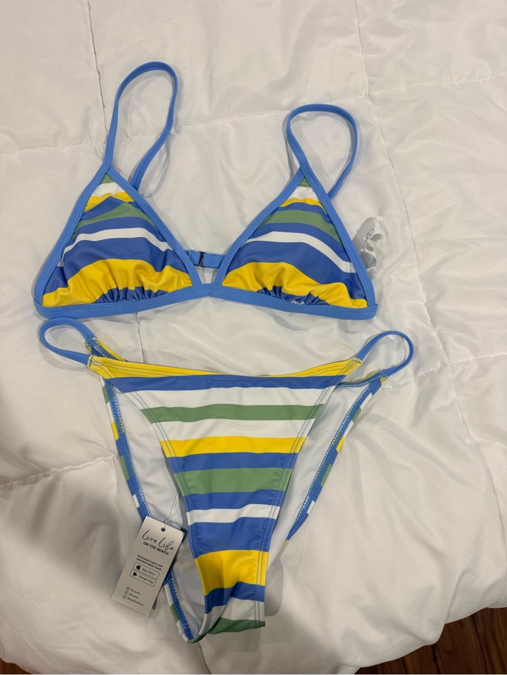 Cupshe Blue Yellow Green Striped Triangle Bikini size medium top bottom women’s